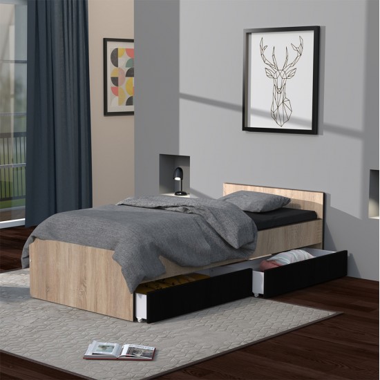 weber industries Lit KAPPA 90x190 + 2 tiroirs / Décor Chêne Blanchi et Noir