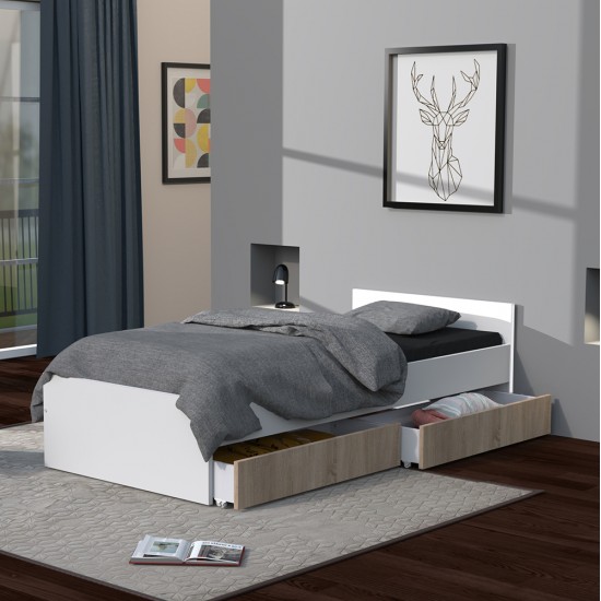 weber industries Lit KAPPA 90x190 + 2 tiroirs / Décor Chêne Blanchi et Blanc