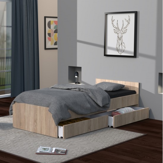 weber industries Lit KAPPA 90x190 + 2 tiroirs / Décor Chêne Blanchi