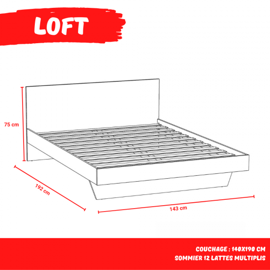 Weber Industries Lit LOFT 140x190 + 1 Sommier + Tête De Lit / Décor Blanc & Chêne Blanchi
