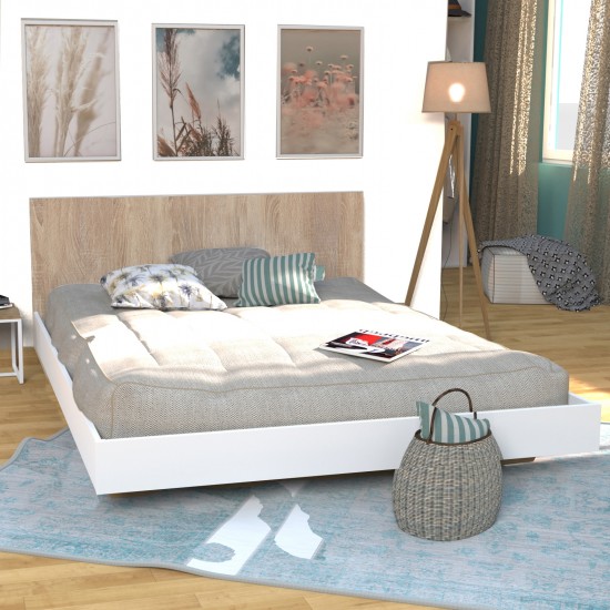 weber industries Lit LOFT 140x190 + 1 sommier + tête de lit / Décor Blanc & chêne blanchi