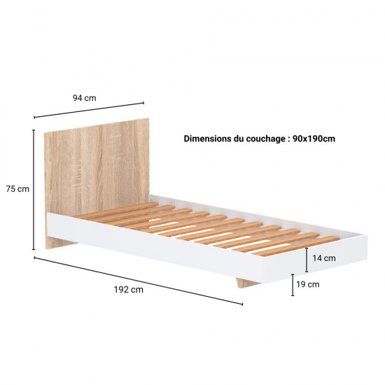 Weber Industries Lit LOFT 90x190 Cm + Sommier / Décor Blanc & Chêne Blanchi