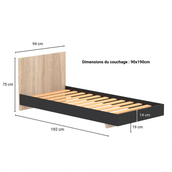 Weber Industries Lit LOFT 90x190 Cm + Sommier / Décor Noir & Chêne Blanchi