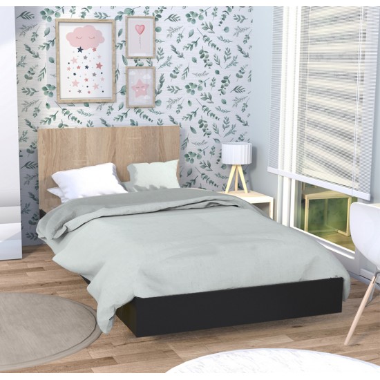 weber industries Lit LOFT 90x190 cm + sommier / Décor Noir & chêne blanchi