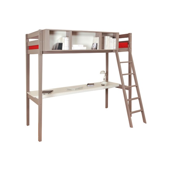 Weber Industries Lit Mezzanine LOU 90x190 + 1 Sommier + Bureau + Rangement 3 Niches / Gris Taupe