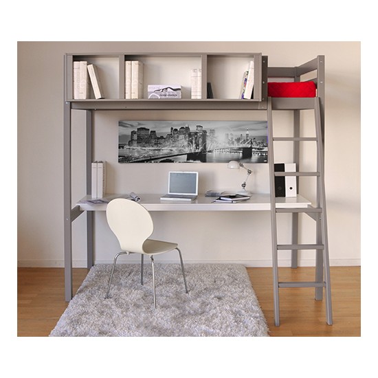 weber industries Lit mezzanine LOU 90x190 + 1 sommier + bureau + rangement 3 niches / Gris Taupe