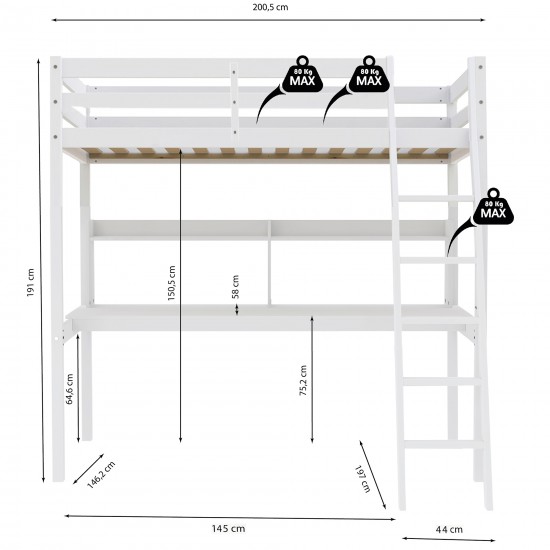Weber Industries Lit Mezzanine STUDIO 140x190 + 1 Sommier + Bureau + étagère / Blanc