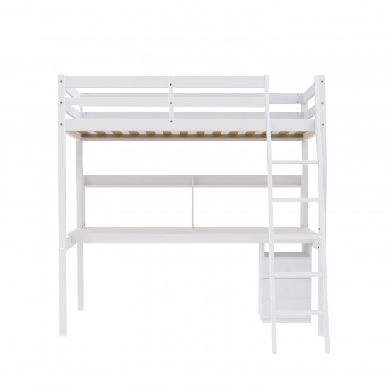 Weber Industries Lit Mezzanine STUDIO 140x190 + 1 Sommier + Caisson 3 Tiroirs + Bureau + étagère / Blanc