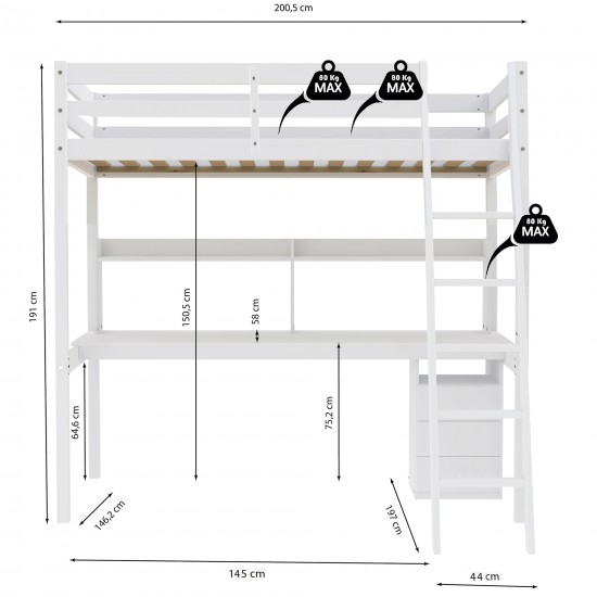 Weber Industries Lit Mezzanine STUDIO 140x190 + 1 Sommier + Caisson 3 Tiroirs + Bureau + étagère / Blanc