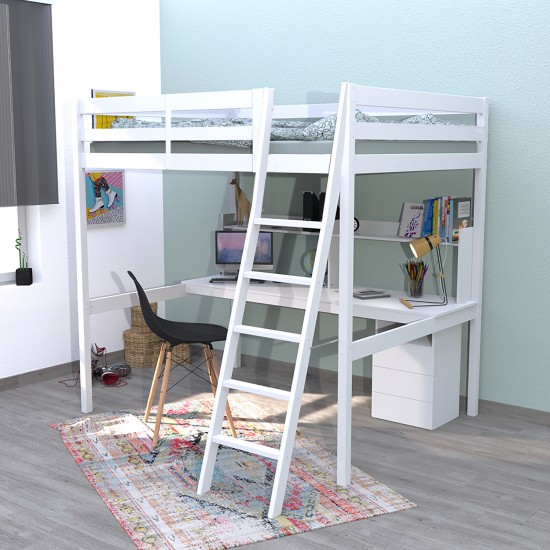 weber industries Lit mezzanine STUDIO 140x190 + 1 sommier + caisson 3 tiroirs + bureau + étagère / Blanc