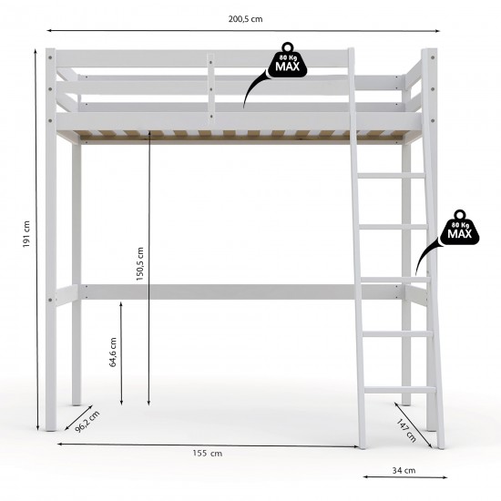 Weber Industries Lit Mezzanine STUDIO 90x190 + 1 Sommier / Blanc