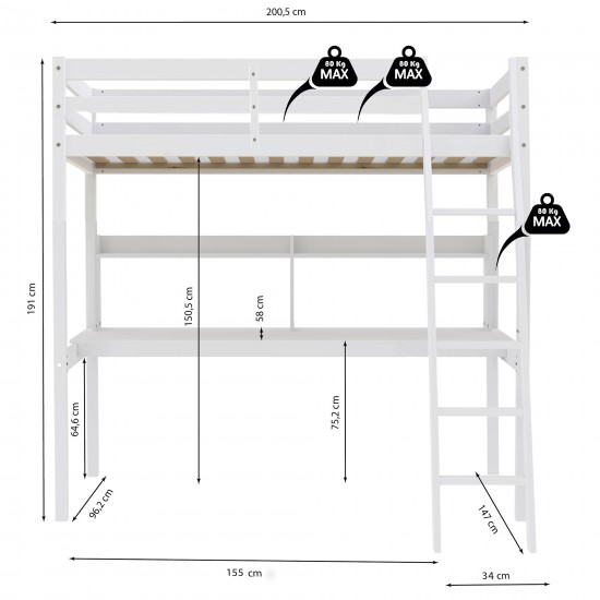 Weber Industries Lit Mezzanine STUDIO 90x190 + 1 Sommier + Bureau + étagère / Blanc