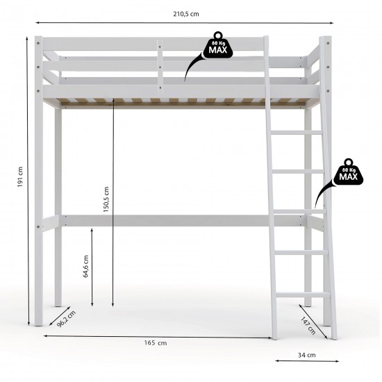 Weber Industries Lit Mezzanine STUDIO 90x200 + 1 Sommier / Blanc