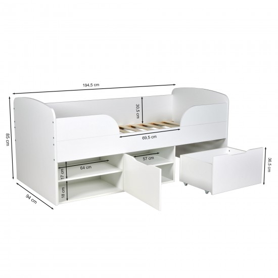 Weber Industries Lit Mi-hauteur 90x190 Cm ELIO Avec Sommier Et Rangements / Blanc