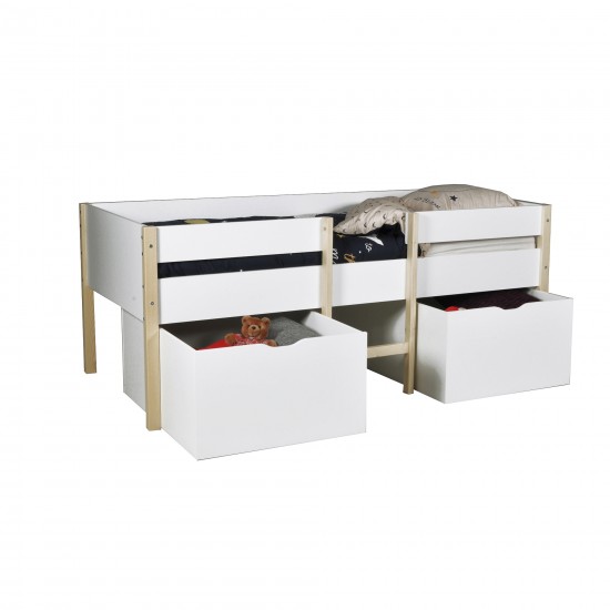 Weber Industries Lit Mi-hauteur ZEPHIR 90x200 + 2 Grands Tiroirs + Sommier / Blanc & Vernis Naturel