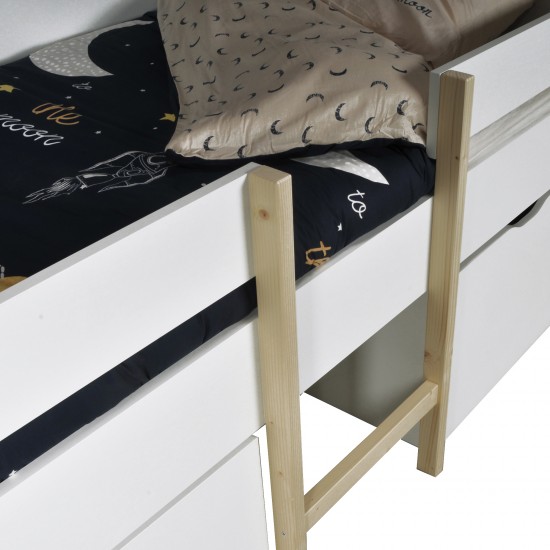 Weber Industries Lit Mi-hauteur ZEPHIR 90x200 + 2 Grands Tiroirs + Sommier / Blanc & Vernis Naturel
