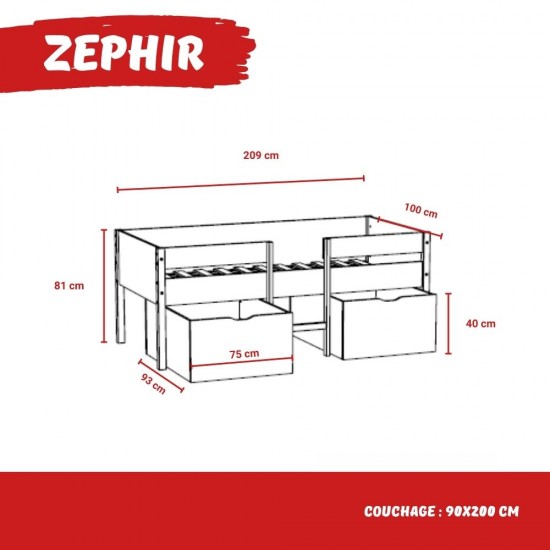 Weber Industries Lit Mi-hauteur ZEPHIR 90x200 + 2 Grands Tiroirs + Sommier / Blanc & Vernis Naturel