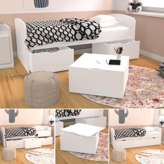 Weber Industries Lit MIA 90x190 + 1 Sommier + 2 Tiroirs + 1 Coffre Table Basse / Blanc