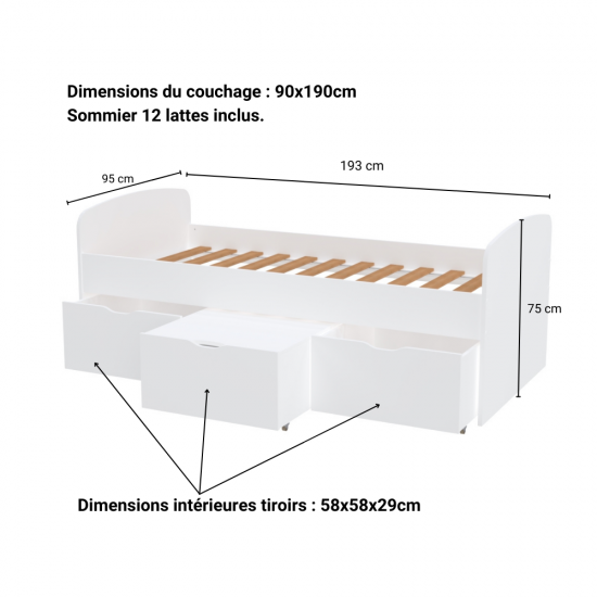 Weber Industries Lit MIA 90x190 + 1 Sommier + 2 Tiroirs + 1 Coffre Table Basse / Blanc