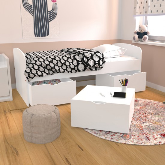 weber industries Lit MIA 90x190 + 1 sommier + 2 tiroirs + 1 coffre table basse / Blanc