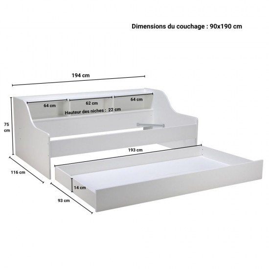 Weber Industries Lit PALMA 90x190 + étagère + 1 Tiroir-lit / Blanc