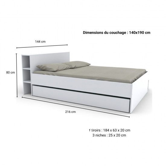 Weber Industries Lit RIGA 140x190cm + Tête De Lit + 1 Tiroir / Blanc