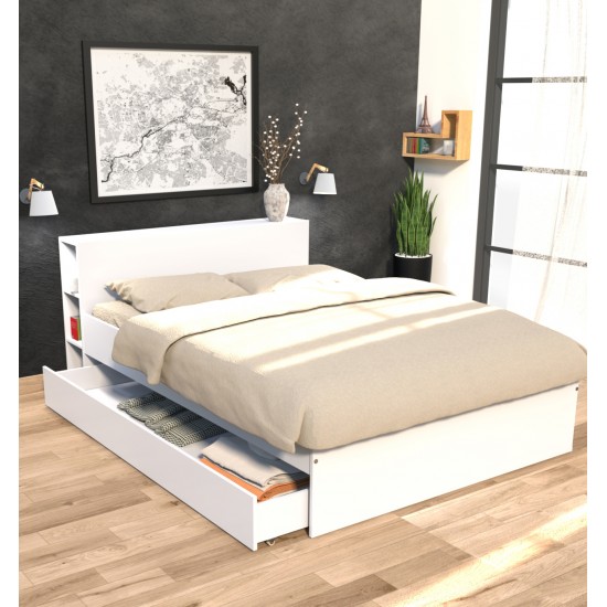 weber industries Lit RIGA 140x190cm + tête de lit + 1 tiroir / Blanc