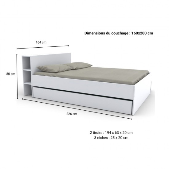 Weber Industries Lit RIGA 160x200cm + Tête De Lit + 2 Tiroirs / Blanc