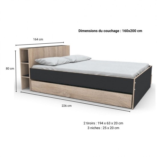 Weber Industries Lit RIGA 160x200cm + Tête De Lit + 2 Tiroirs / Noir Et Décor Chêne Blanchi