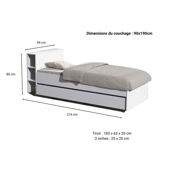 Weber Industries Lit RIGA 90x190 + Tête De Lit + 1 Tiroir / Blanc