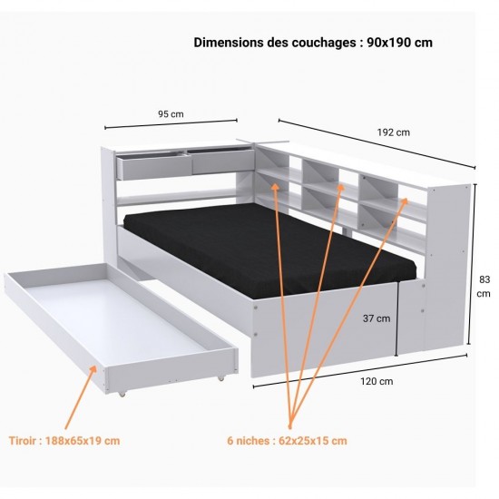 Weber Industries Lit ROLLER 90x190 + 1 Sommier + 1 Tiroir + étagères / Blanc