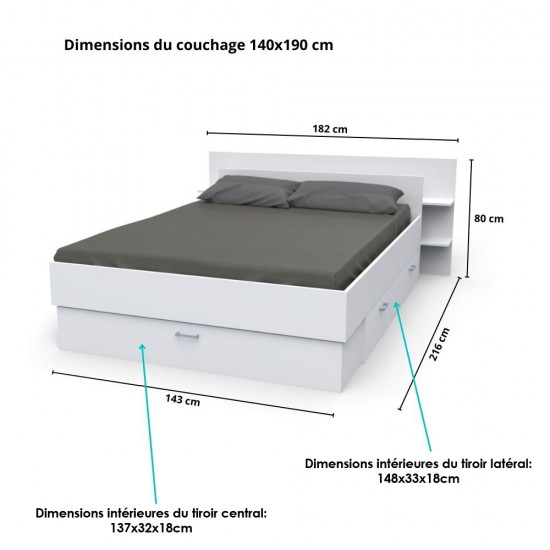 Weber Industries Lit SAMBA 140x190cm + Tête De Lit + 2 Tiroirs / Blanc