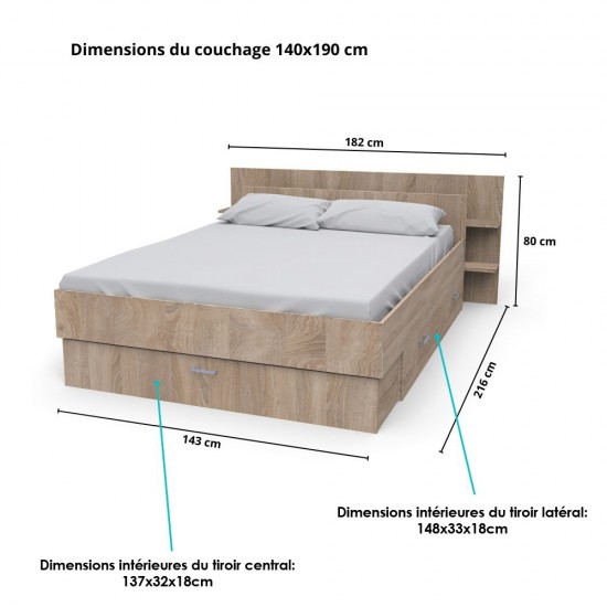 Weber Industries Lit SAMBA 140x190cm + Tête De Lit + 2 Tiroirs / Décor Chêne Blanchi
