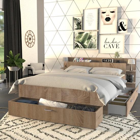 weber industries Lit SAMBA 140x190cm + tête de lit + 2 tiroirs / Décor Chêne blanchi