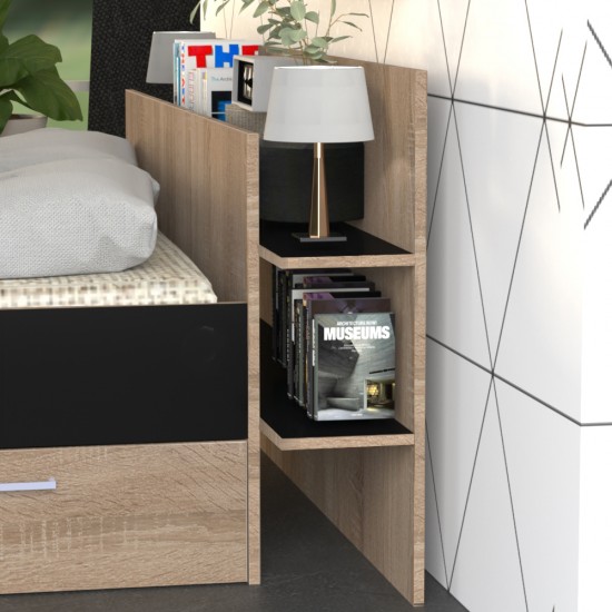 Weber Industries Lit SAMBA 140x190cm + Tête De Lit + 2 Tiroirs / Décor Noir & Chêne Blanchi