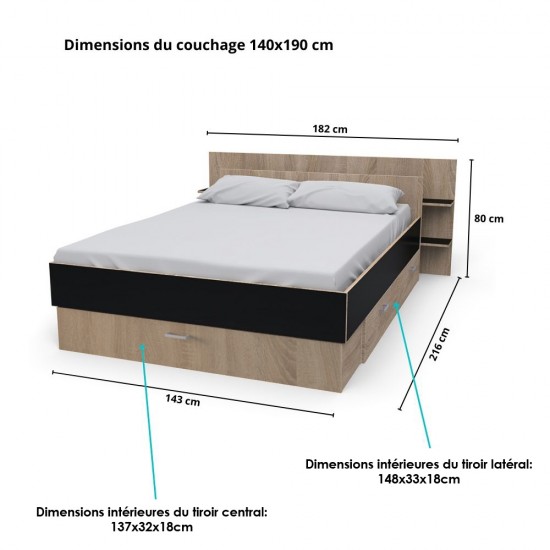 Weber Industries Lit SAMBA 140x190cm + Tête De Lit + 2 Tiroirs / Décor Noir & Chêne Blanchi