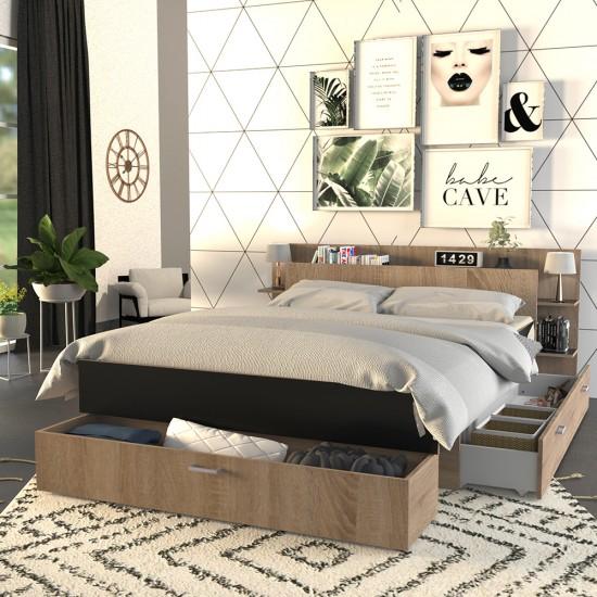 weber industries Lit SAMBA 140x190cm + tête de lit + 2 tiroirs / Décor Noir & chêne blanchi