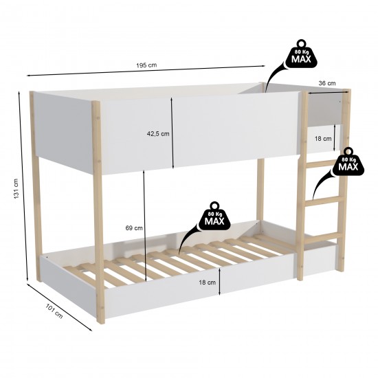 Weber Industries LIT SUPERPOSE 90x190 BOB + 2 SOMMIERS / Blanc Et Bois Clair