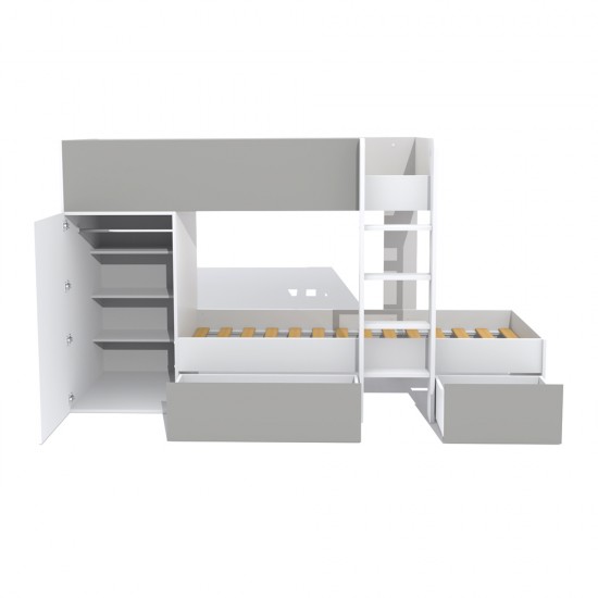 Weber Industries Lit Superposé TWIN 90x190 Avec Armoire Et Tiroirs + 2 Sommiers / Blanc Et Gris