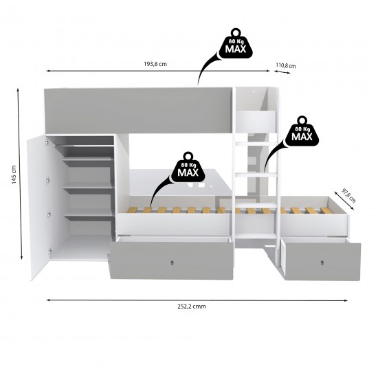 Weber Industries Lit Superposé TWIN 90x190 Avec Armoire Et Tiroirs + 2 Sommiers / Blanc Et Gris