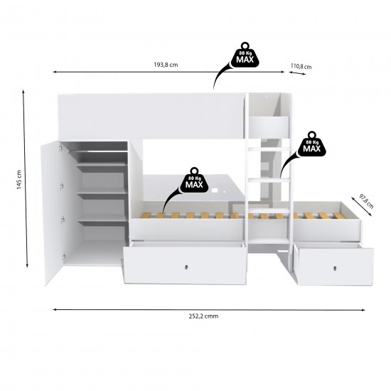 Weber Industries Lit Superposé TWIN 90x190 Avec Armoire Et Tiroirs + 2 Sommiers / Blanc