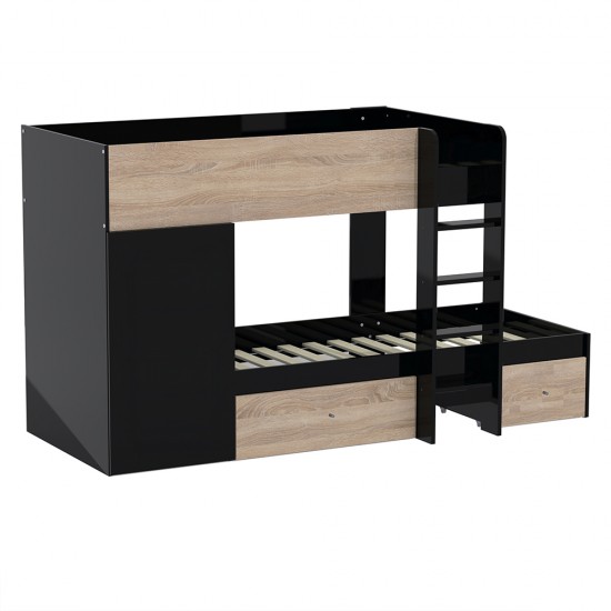 Weber Industries Lit Superposé TWIN 90x190 Avec Armoire Et Tiroirs + 2 Sommiers / Décor Chêne Blanchi Et Noir