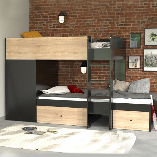 Weber Industries Lit Superposé TWIN 90x190 Avec Armoire Et Tiroirs + 2 Sommiers / Décor Chêne Blanchi Et Noir