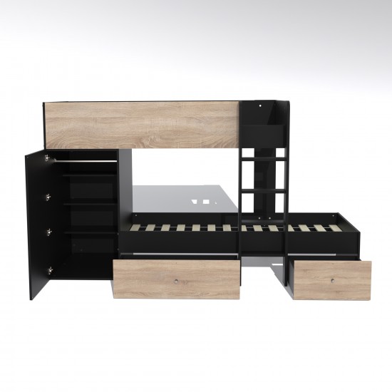 Weber Industries Lit Superposé TWIN 90x190 Avec Armoire Et Tiroirs + 2 Sommiers / Décor Chêne Blanchi Et Noir