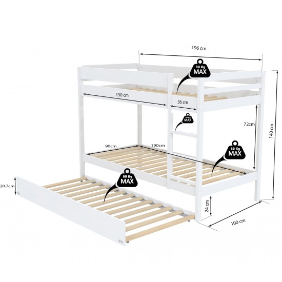 Weber Industries LIT SUPERPOSE WALLY 90x190 + 2 SOMMIERS + 1 LIT TIROIR/ BLANC