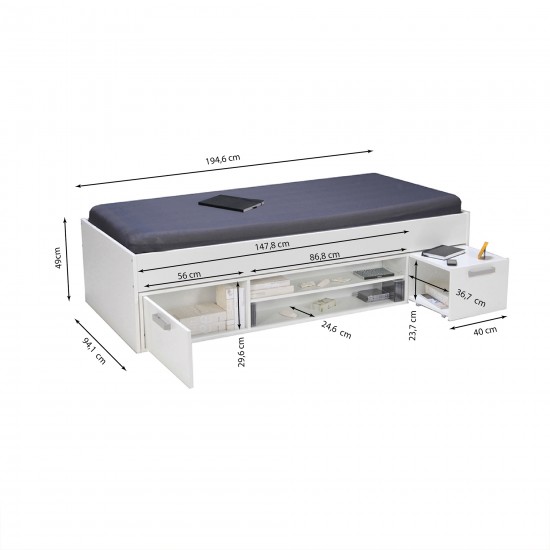 Weber Industries Lit TESS 90x190 + Chevet + étagère + Rangement / Blanc