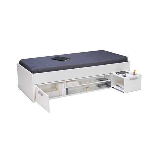 Weber Industries Lit TESS 90x200 + Chevet + étagère + Rangement / Blanc