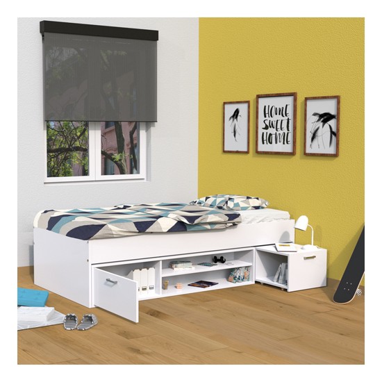 weber industries Lit TESS 90x200 + chevet + étagère + rangement / Blanc