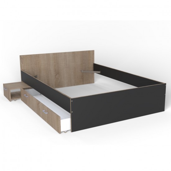 Weber Industries Lit TWIST 140x190+ 1 Chevet + 1 Tiroir / Décor Noir Et Chêne Blanchi