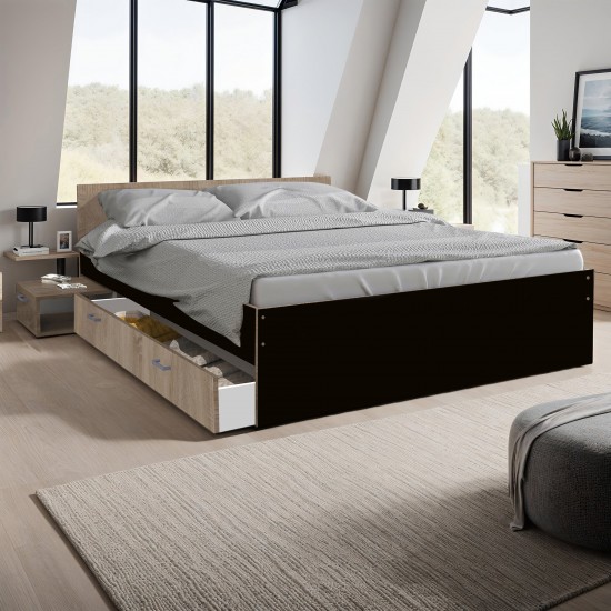 weber industries Lit TWIST 140x190+ 1 chevet + 1 tiroir / Décor Noir et chêne blanchi